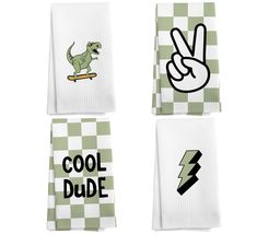 three towels with different designs on them and the words cool dude written in black ink