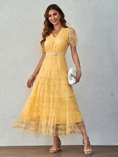 Lace Bright Yellow V Neck Elegant Dresses, Ruffle Hem Short Sleeve Maxi Dresses, Women's Clothing Yellow V-neck Dress With Ruffle Hem, V-neck Yellow Dress With Ruffle Hem, Formal Prom Dresses Long, Yellow Lace Dresses, Best Wedding Guest Dresses, Elegant Maxi Dress, Short Sleeve Maxi Dresses, Mothers Dresses, Maxi Robes