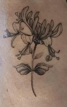 a close up of a tattoo on the back of a woman's stomach with flowers