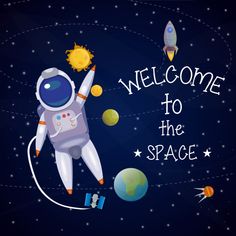 an astronaut is flying through space with the words welcome to the space