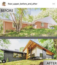 before and after photos of a house in the woods