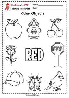 the worksheet for red is shown in black and white, with pictures of different objects