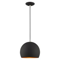 Featuring a clean and crisp modern look. This mini pendant makes a contemporary statement with the smooth curve of the black exterior, it's perfect above a kitchen counter. A gleaming gold finish on the interior of the metal shade brings a refined touch of style. Livex Lighting Piedmont Black Modern/Contemporary Dome Medium Hanging Pendant Light Rubber | 41181-04 Hanging Light Bulbs, Dome Pendant Lighting, Livex Lighting, Mini Pendant Lights, Mini Pendants, Black Pendant Light, Black Pendant, Globe Pendant, Light Bulb Types