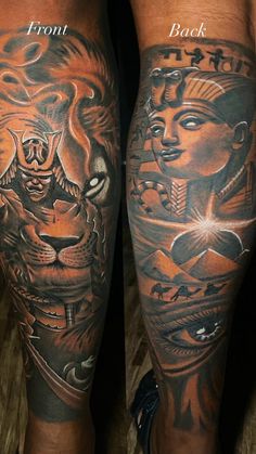 two men's legs with tattoos on them, one has a lion and the other is