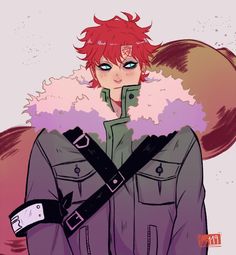 an anime character with red hair and blue eyes, wearing a green jacket in front of a