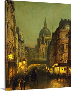 a painting of people walking down a city street at night with buildings in the background