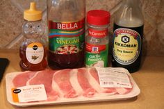 the ingredients to make this dish include pork, mustard, garlic and seasoning bottles