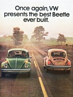 an advertisement for vw beetle's is shown in the middle of two cars