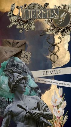 the collage shows an image of a statue, flowers and medical symbols with clouds in the background