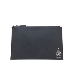 This Prada black document holder clutch is beautiful and convenient. It has gorgeous cross stitching saffiano leather and features polished steel finish metal businessman motif and Prada logo. This document holder is perfect to hold important papers and to keep special things safe!    Model: 2NG005  Black Saffiano Leather    Silver metal Hardware  Zipper closure  Black leather interior lining    One interior slip pocket    Six interior credit card slots  Measurements: 11" x 0.2" x 7" (LWH)    In Designer Black Clutch With Rectangular Case, Designer Black Clutch In Rectangular Case, Designer Black Rectangular Clutch, Designer Wallets With Engraved Logo For Professional Use, Designer Business Wallets With Engraved Logo, Formal Black Wallets With Engraved Logo, Designer Business Wallets With Logo, Formal Rectangular Wallet With Logo, Designer Business Wallet With Logo Plaque