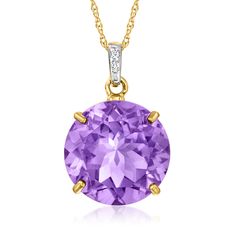 Ross-Simons - 5.75ct Amethyst Pendant Necklace, Diamond Accents in 14kt Yellow Gold. 18". Glowing with the prettiest purple hue, this ample 5.75 carat round amethyst pendant necklace adds rich and regal color to your look. Also features a touch of sparkle from diamond accents on the bale. Suspends from a 14kt yellow gold rope chain. Springring clasp, amethyst pendant necklace. Amethyst birthstones are the perfect gift for February birthdays. Pendant Necklace Diamond, Amethyst Pendant Necklace, Necklace With Diamond, Amethyst Birthstone, Amethyst Necklace Pendant, Necklace Amethyst, Gold Rope Chains, Necklace Diamond, Fine Jewelery