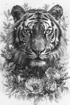 a black and white drawing of a tiger surrounded by flowers