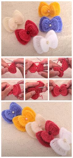 crocheted hearts being sewn together