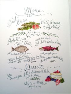 a menu with different types of food on it and writing in cursive ink