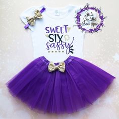 "This is an adorable six year old birthday/Girl outfit. This outfit features a white shirt with the words Sweet Six & Sassy\". The matching headband and tutu are both purple. Other bottoms/headbands are available in my shop as well to choose from. HOW TO ORDER: 1.Shirt-Select Style and Size from the drop down-Puff Sleeve-S (Short Sleeve/Puff Sleeve-L (Long Sleeve). and add to cart. 2.Add bottom and headband to complete the outfit for best value (optional). 3.Complete purchase and enjoy. All White Sets With Letter Print For Birthday, White Short Sleeve Birthday Set, White Short Sleeve Sets For Birthday, Katie Kay, Toddler Birthday Outfit Girl, Toddler Birthday Outfit, Toddler Birthday Party, Birthday Tutu Outfit, Birthday Girl Outfit