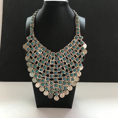 "ON SALE Very nice FAUX turquoise aqua blue beaded Silvertone metal large bib statement necklace and matching dangle drop brooch both are in very good vintage condition. Has a hook for a clasp on the necklace. Necklace measures 17 1/2 inches long and the big portion is 6 x 6\". The brooch is 3 inches long by 2 inches wide. A fun dramatic look perfect for any retro BoHo or any kind of outfit." 1970s Jewelry, Desert Hot Springs, Beaded Bib Necklace, Turquoise Statement Necklace, Mid Century Jewelry, Bib Necklaces, Necklace Necklace, Gorgeous Bracelet, Bib Necklace