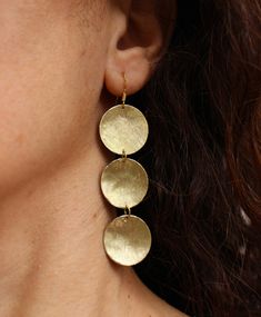 "Suitable for a formal occasion, but also easily worn with a plain summer dress, these ancient greek style earrings will give a glamorous look to your outfit! I designed, hand-shaped and hand-textured them! Their drop lengthis about 6.5cm. Hook is gold plated bronze. Don't forget to check out my matching bracelet: https://www.samsabyelena.com/listing/592636985/disc-bracelet-bronze-disc-bracelet Please like and share! *IMPORTANT: All of my jewelry is handcrafted so please expect some variations f Earrings Formal Dress, Greek Earrings, Ancient Greek Jewelry, Earrings Bronze, March Birthstone Necklace, Greek Jewelry, Disc Earrings, Brass Jewelry, Matching Bracelets