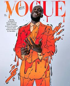 a man in an orange suit is on the cover of a magazine