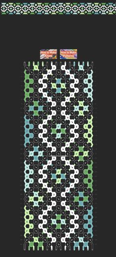 a cross stitch pattern in green, blue and white on a black background with an ornate border