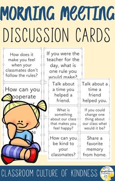 a classroom poster with the words morning meeting discussion cards and an image of a child sitting on