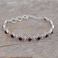 Red Garnet Artisan Crafted India Silver Tennis Bracelet - Deep Red Diamonds | NOVICA Silver Bracelet Designs, Red Diamonds, Silver Tennis Bracelet, Fancy Jewellery Designs, Silver Bracelets For Women, Garnet Bracelet, Stylish Bracelet, Garnet Jewelry, Red Diamond