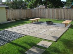 a backyard with grass, rocks and benches