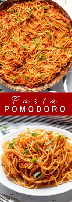 two plates with spaghetti in them and the words pasta pomodoro on top