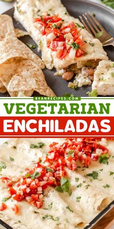 Whip up this vegetarian enchilada recipe! 6 ingredients are all you need for this main course idea. Complete with green chiles and cheese in a creamy sauce, these pinto bean enchiladas are a family-friendly dinner! Vegetarian Enchilada Recipe, Vegetarian Enchiladas Recipe, Vegetarian Enchilada, Vegan Bean Recipes, Pinto Bean, Vegetarian Enchiladas