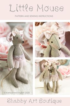 the little mouse pattern and sewing instructions are shown in three different pictures, including two stuffed mice