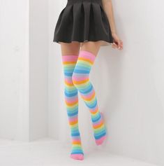 Color: 5, Size: One Size Pastel Socks, Funny Socks Women, Striped Knee High Socks, Thigh High Sock, Rainbow Socks, Knee High Stockings, Cheeky Shorts, Rainbow Pastel, Casual High Heels