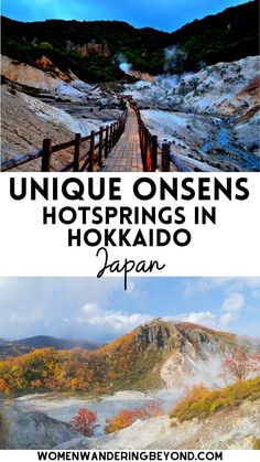 two photos with the words unique ones hotsprings in hokkado japan