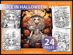 an adult coloring book with pumpkins and witches on it, including the title alice in halloweenland