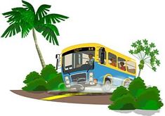 a blue and yellow bus driving down a road next to a palm tree on a white background