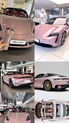 the pink sports car is on display in this collage