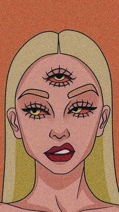 a drawing of a woman's face with long blonde hair and orange eyeshadow