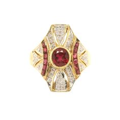 Please read every details carefully - This ring is second-hand from pawn shop. Beautiful Natural Mozambique Ruby and Natural diamonds on 17.3k (72%) gold Ring (Certified) A stunning antique estate ring with exceptional color of ruby and Natural White Diamonds on the 72 percentage of gold (17.3 Karat) ring  -Second-hand- I think it's from around 20 years ago but I am not sure of the precise date. The ring was made by hand (You can see the overall details of the ring - it's a little imperfection so we can know this piece was done by handmade jeweler) - it's very nice details. I got this ring from pawn shop in Thailand. It's very stunning. this ring is in very good condition - I have re-polished/clean the ring, checked the diamonds, ruby and gold already. (This ring had been certified) Please Art Deco Oval Diamond Ring With Accent Stones, Art Deco Ruby Ring With Diamond Details, Art Deco Diamond Rings With 17 Jewels, Art Deco Diamond Ring With 17 Jewels, Art Deco 14k Gold Rings With Center Stone, Art Deco 14k Gold Ring With Center Stone, Gold Art Deco Ring With Center Stone, 14k Gold Art Deco Ring With Center Stone, Art Deco Ring With 17 Jewels In Round Cut