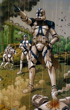 the stormtroopers are standing in the rain with their arms out and pointing at something