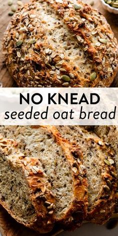 no knead seeded oat bread on a cutting board with text overlay