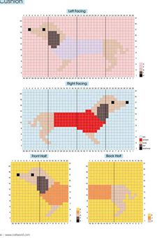 four cross stitch patterns showing the same dog in different colors and sizes, each with an individual