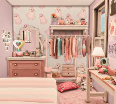 a bedroom scene with a bed, dresser and closet full of clothes on hangers