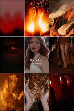 a collage of different images with fire and flames in the background, including one woman's face