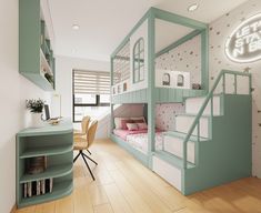 a bedroom with bunk beds, desk and stairs to the second floor is decorated in pastel colors