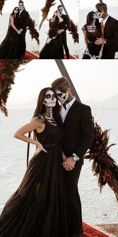 a couple dressed up in skeleton makeup and black dress standing next to each other with their arms around each other