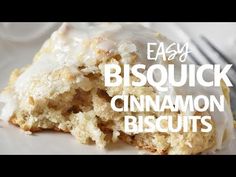 a close up of a piece of cake on a plate with the words easy biscuit cinnamon biscuits