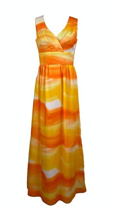 Sunmer Dresses, Sunrises And Sunsets, Watercolor Ombre, Jaune Orange, 80s Dress, 70s Dress, Flowing Skirt, Plunge Neckline, Dyed Dress