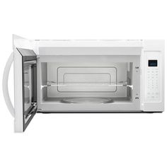 a white microwave oven with its door open and the interior light on, in front of a white background