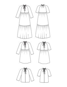 four different dresses with bows on the neck and long sleeves, all in one pattern