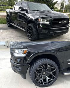 the front and side view of a black ram truck