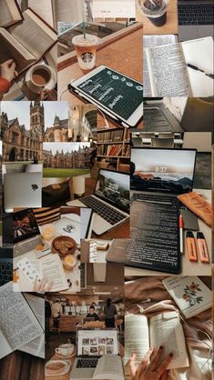 a collage of photographs with books and laptops