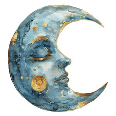 a watercolor painting of a blue moon with gold details on it's face